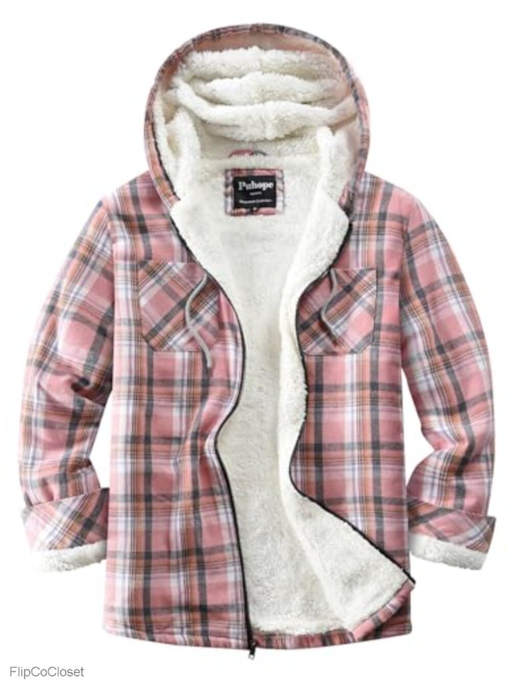 Sherpa Lined Flannel Plaid Zip Up Hooded Fleece Jacket